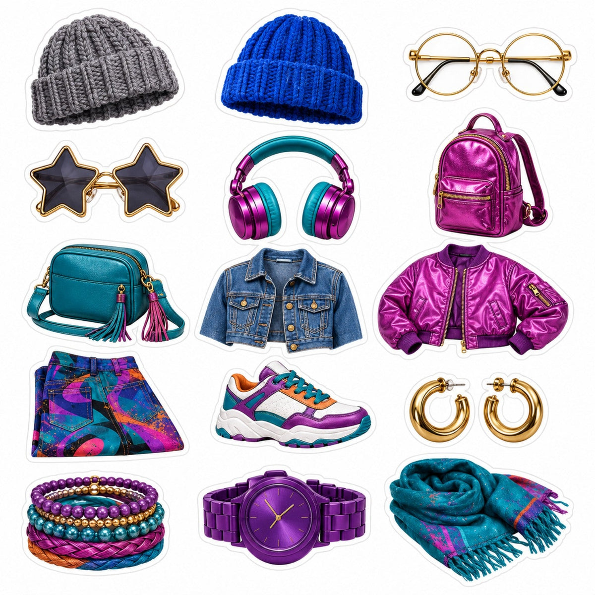 Urban Rhythm fashion accessory sticker sheet with hats, glasses, bags, jackets, trainer, jewellery and scarf.