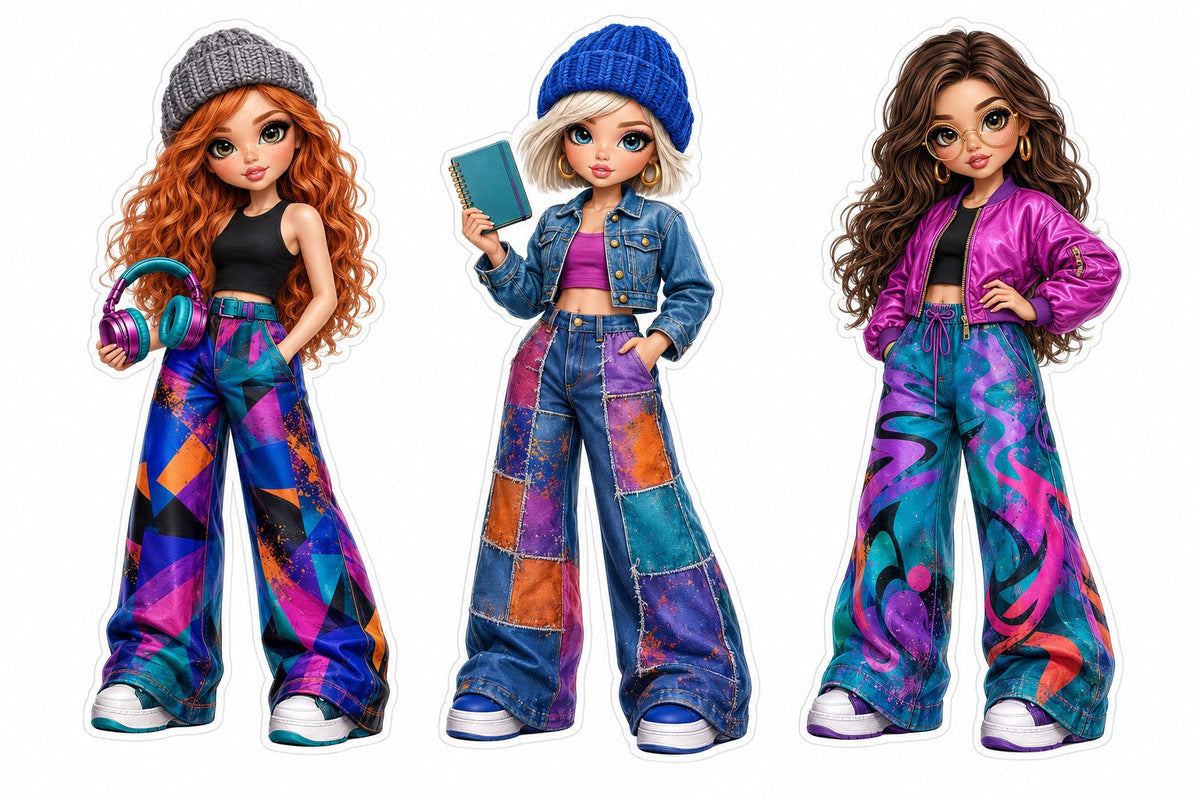 Urban Rhythm fashion doll sticker sheet with three colourful full-body journal characters.