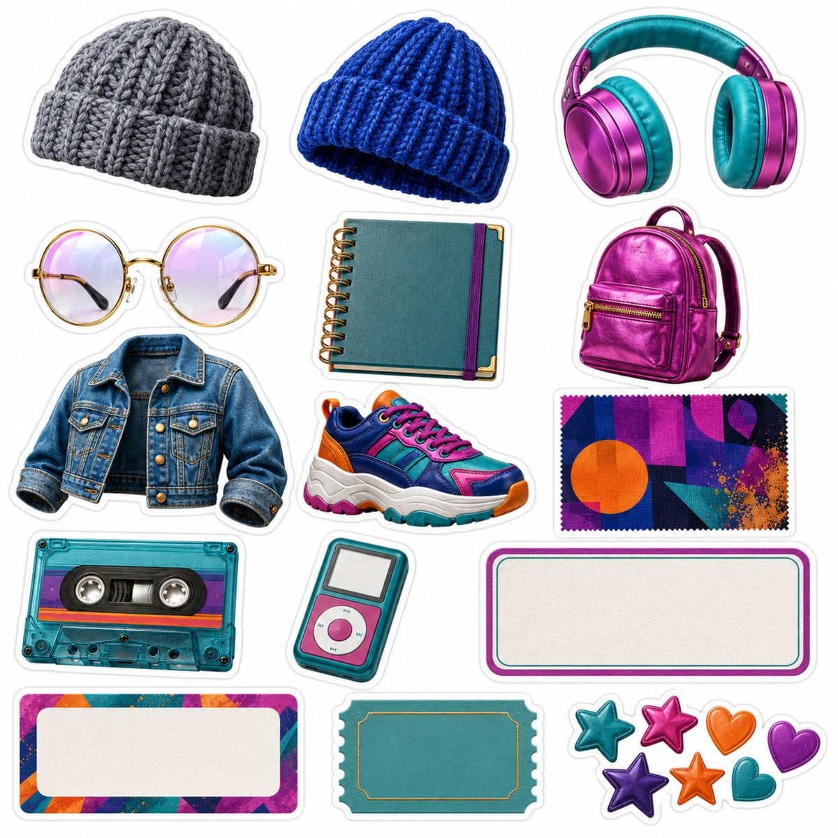 Urban Rhythm sticker sheet with hats, headphones, notebook, backpack, denim jacket, trainer and labels.