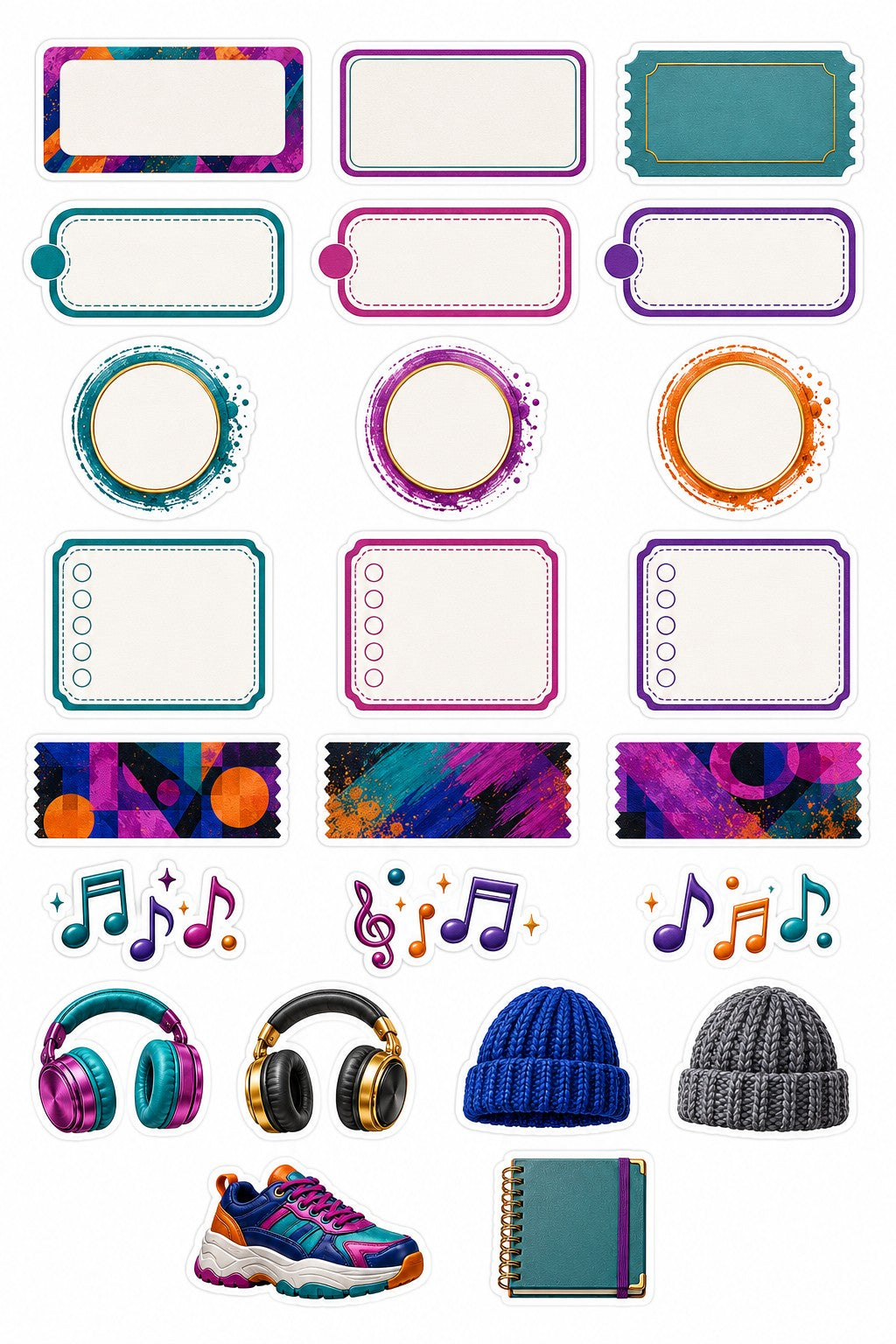 Urban Rhythm functional planner sticker sheet with colourful labels, checklists, washi strips and music icons.