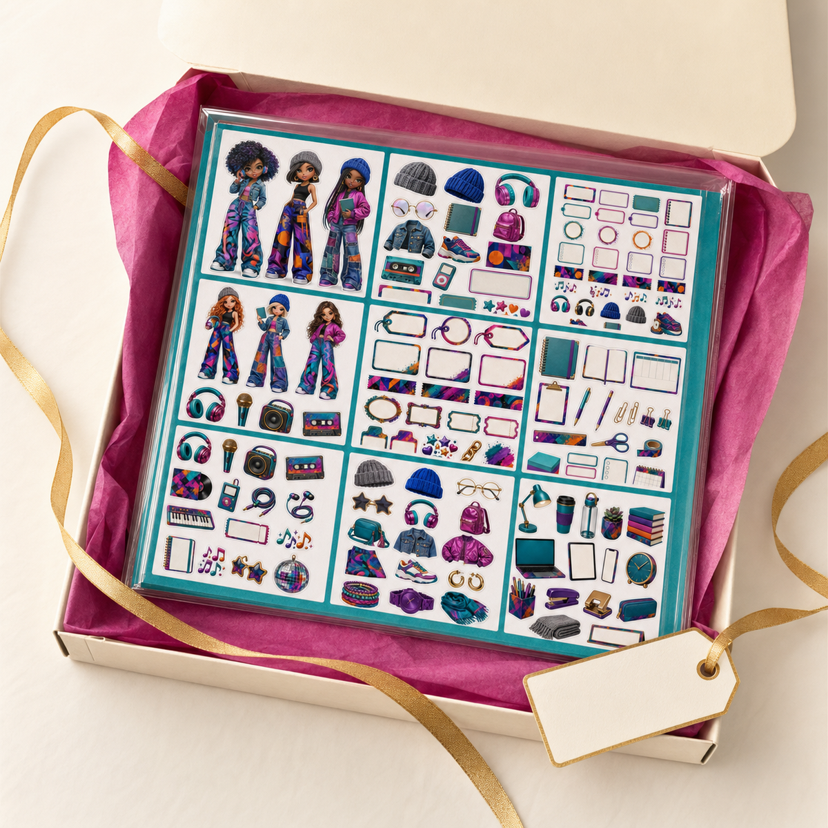 Gift-ready nine-sheet Urban Rhythm journal sticker collection in clear packaging with teal backing and gold ribbon.