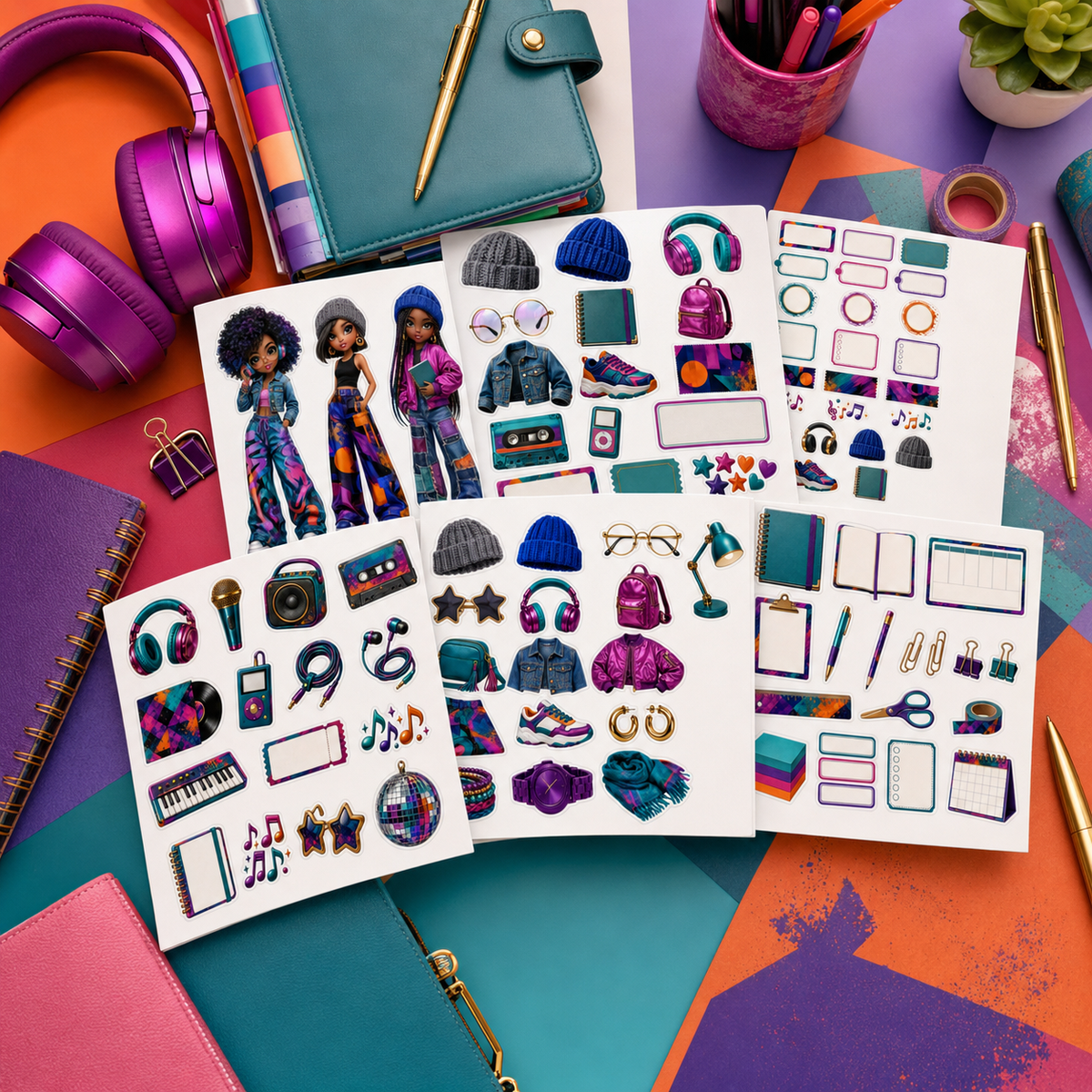Urban Rhythm nine-sheet journal sticker collection styled with teal, magenta, purple and orange creative stationery.