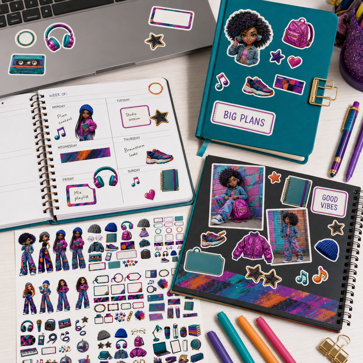 Colourful Urban Rhythm stickers decorating a planner, teal journal, laptop and scrapbook page.