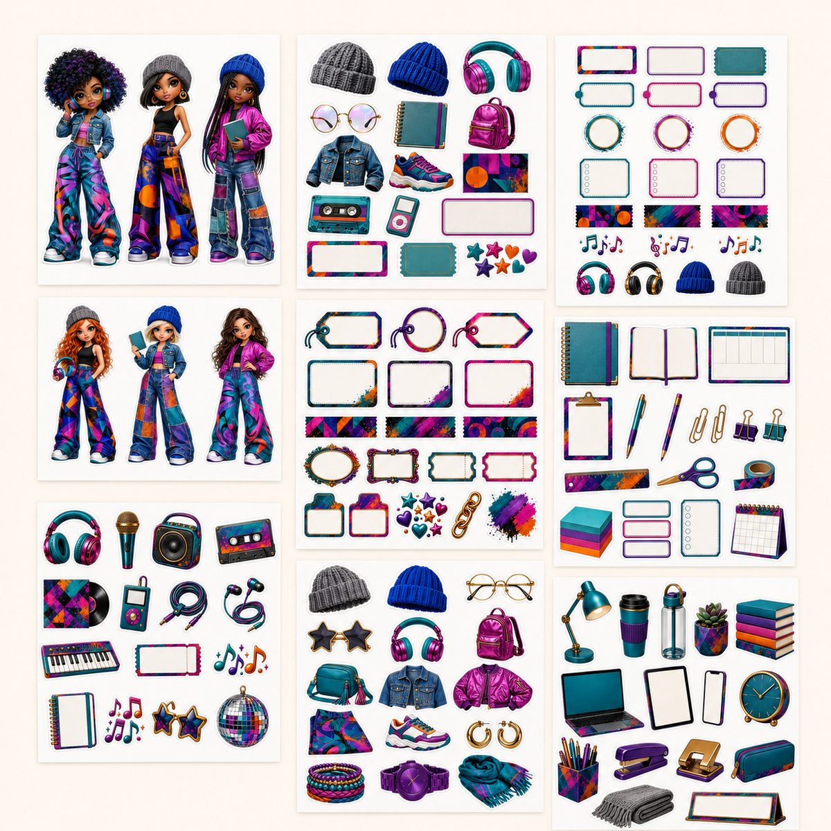 Clean overview of nine Urban Rhythm sticker sheets featuring dolls, music, fashion, labels and stationery.