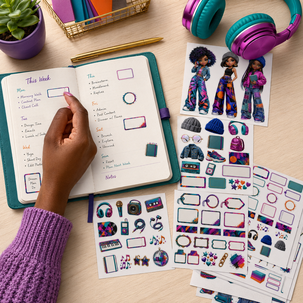 Urban Rhythm journal stickers used in a teal weekly planner with character, music and functional designs.