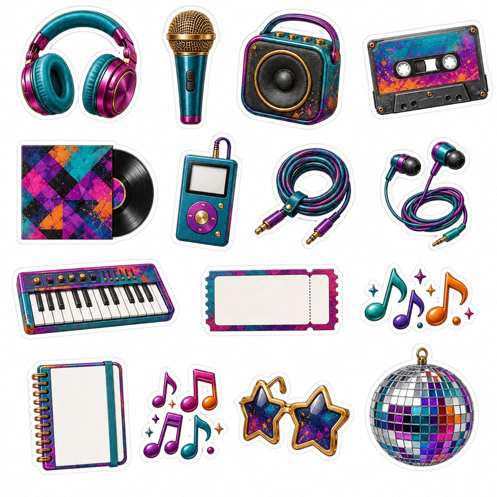 Urban Rhythm music sticker sheet with headphones, microphone, speaker, cassette, record and musical notes.