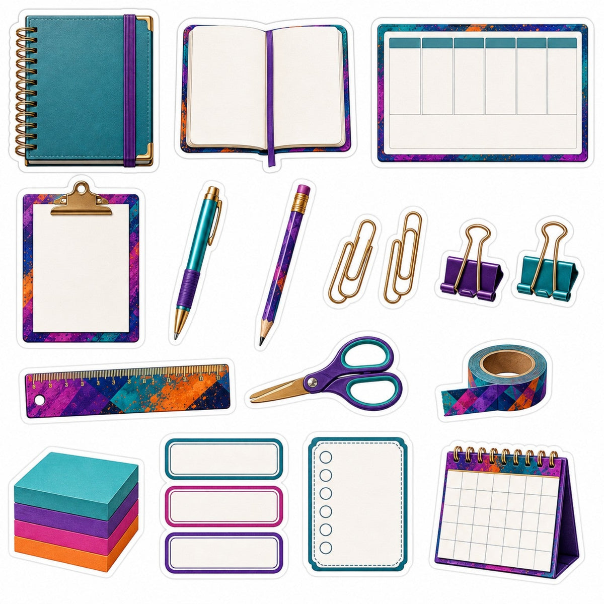 Urban Rhythm stationery sticker sheet with journals, planner, clipboard, pens, clips, scissors and notes.
