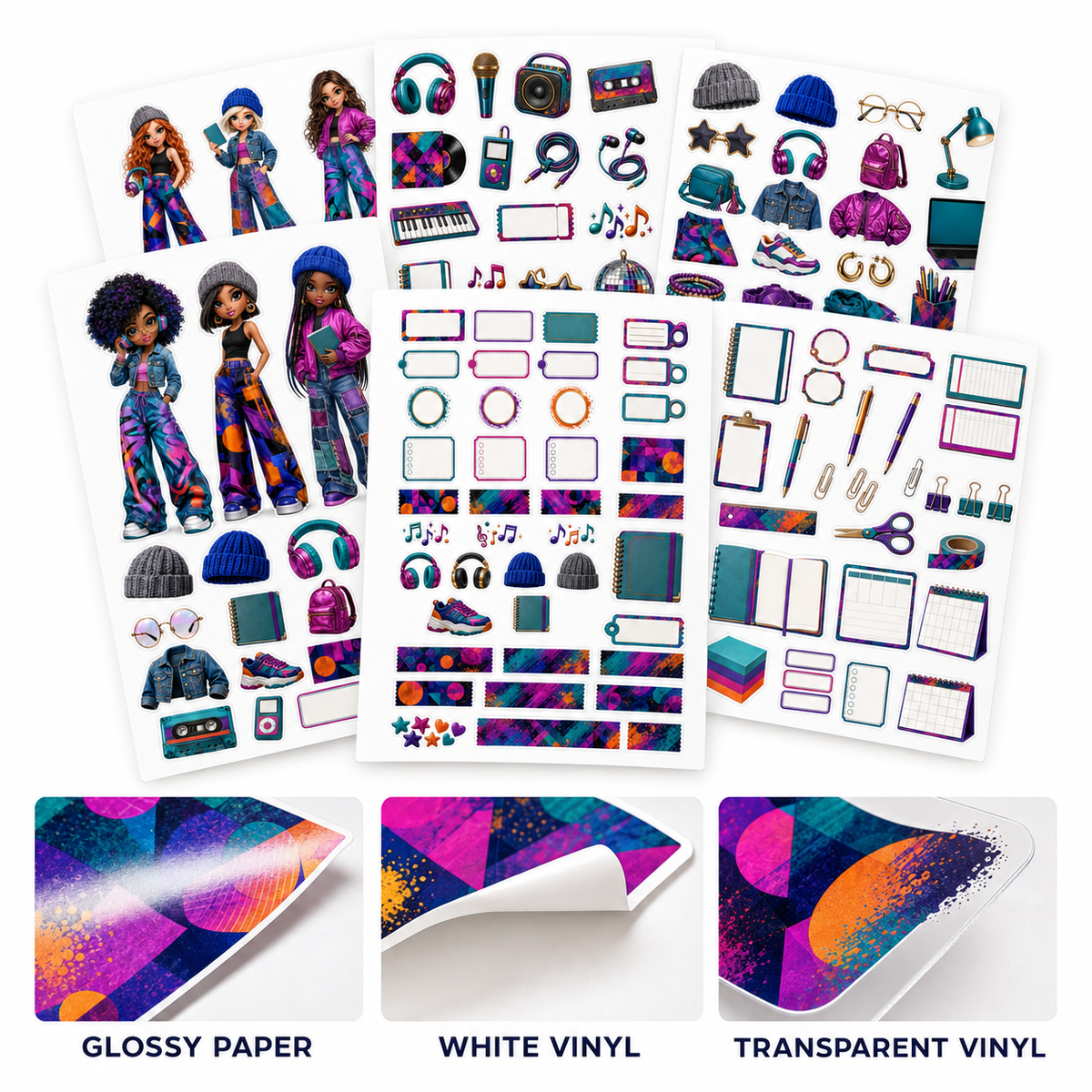 Urban Rhythm sticker collection with Glossy Paper, White Vinyl and Transparent Vinyl material examples.