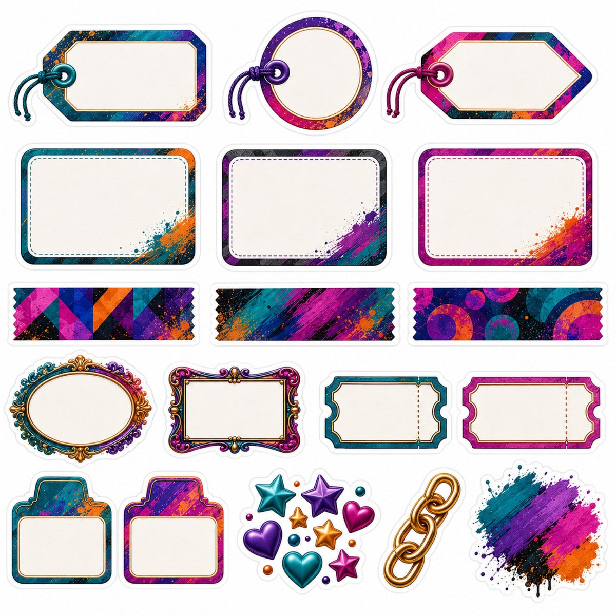 Urban Rhythm functional sticker sheet with colourful tags, blank frames, tickets, washi and decorative icons.