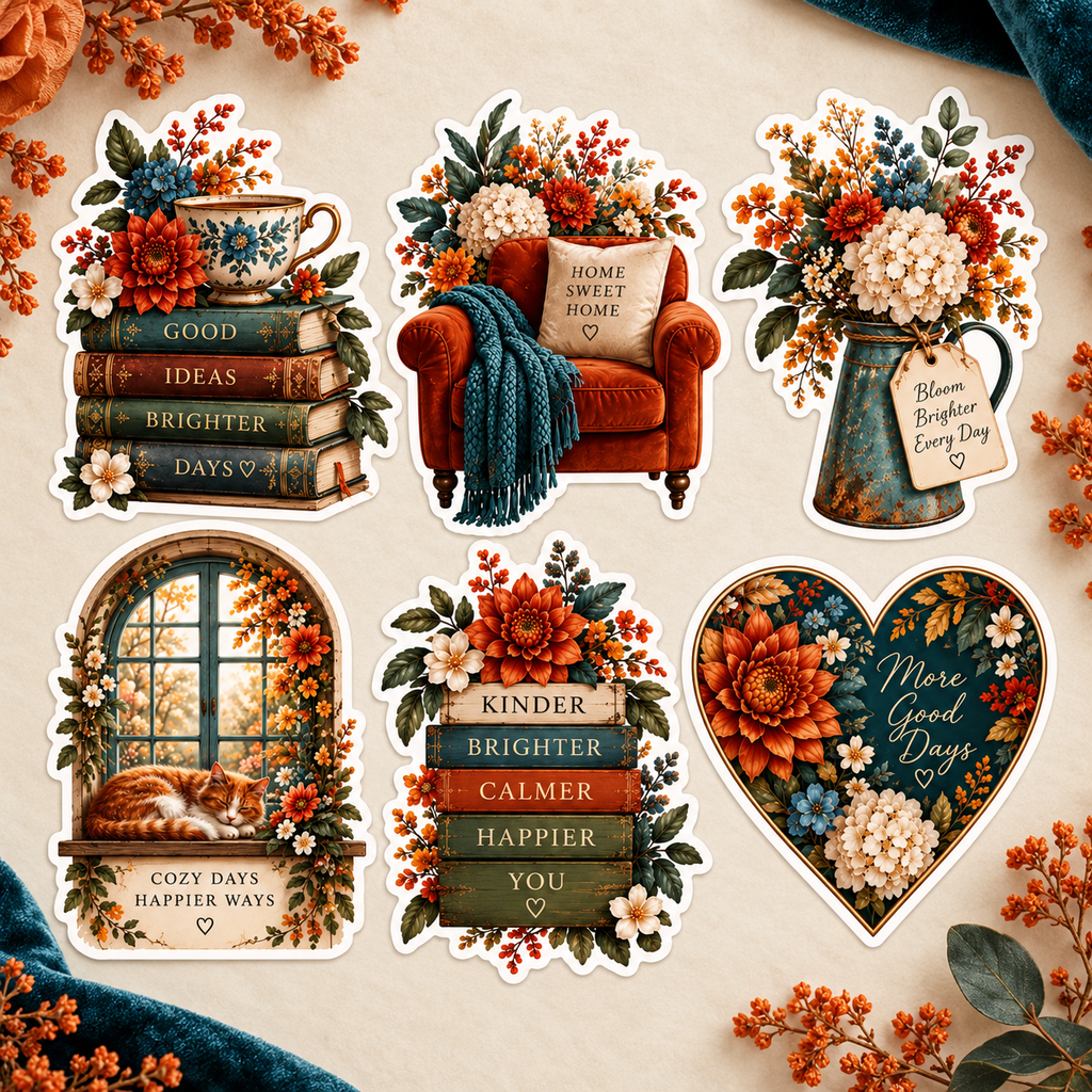 Velvet Garden six cosy botanical stickers close up on parchment