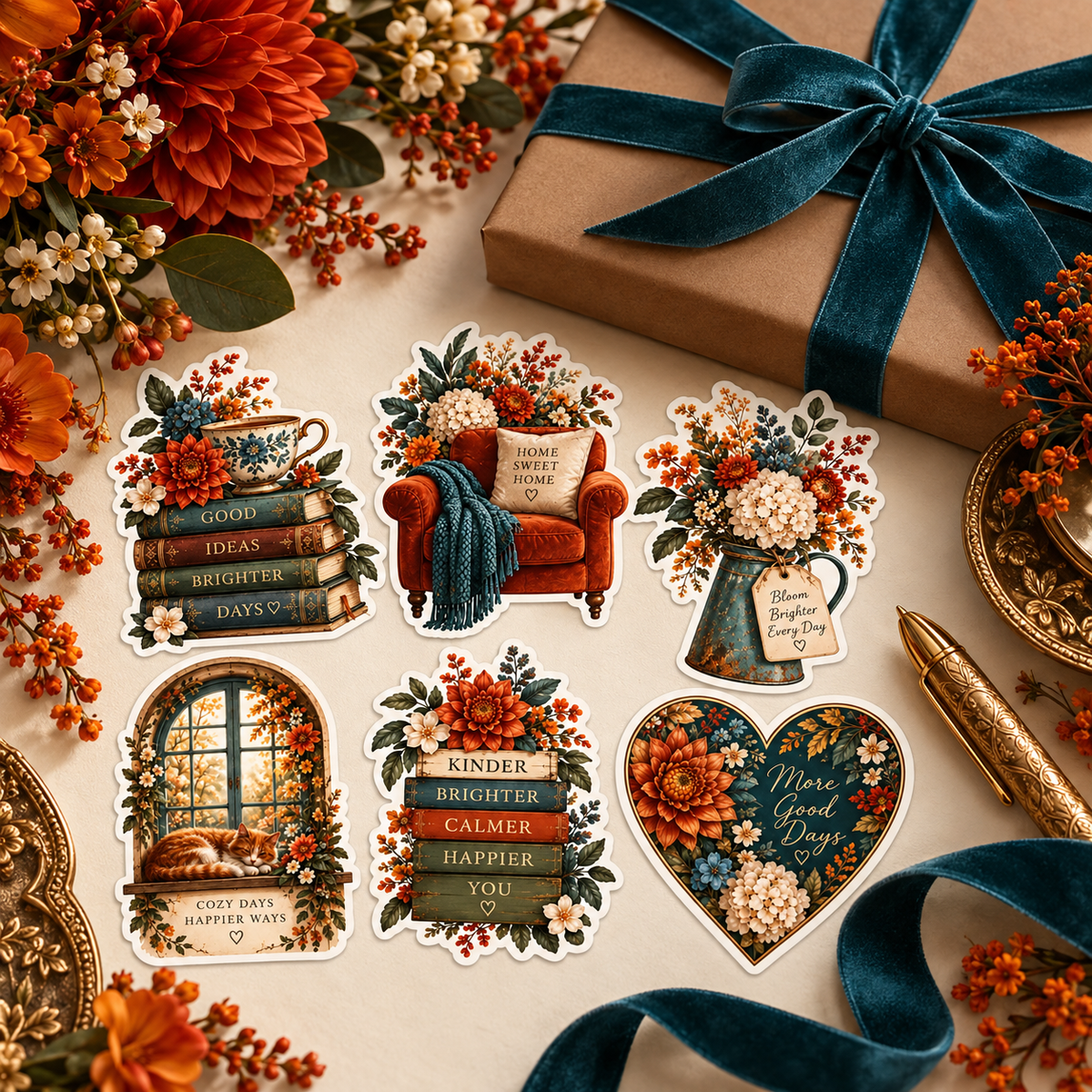 Velvet Garden six-sticker sheet styled beside a ribbon-wrapped gift