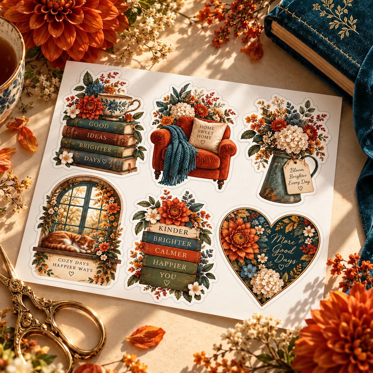 Velvet Garden six-sticker sheet styled with burnt orange flowers and teal journal