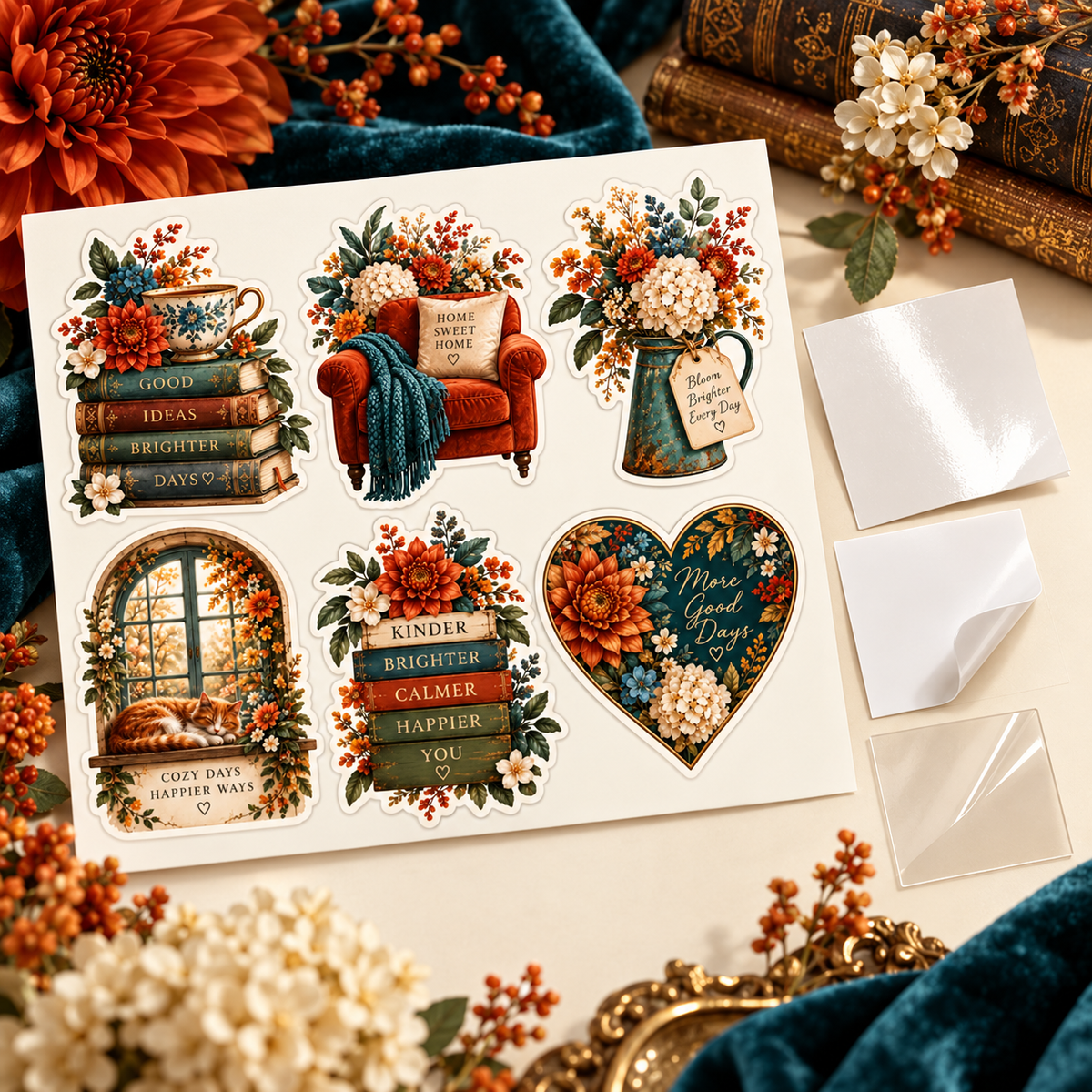 Velvet Garden sticker sheet with paper and vinyl finish samples