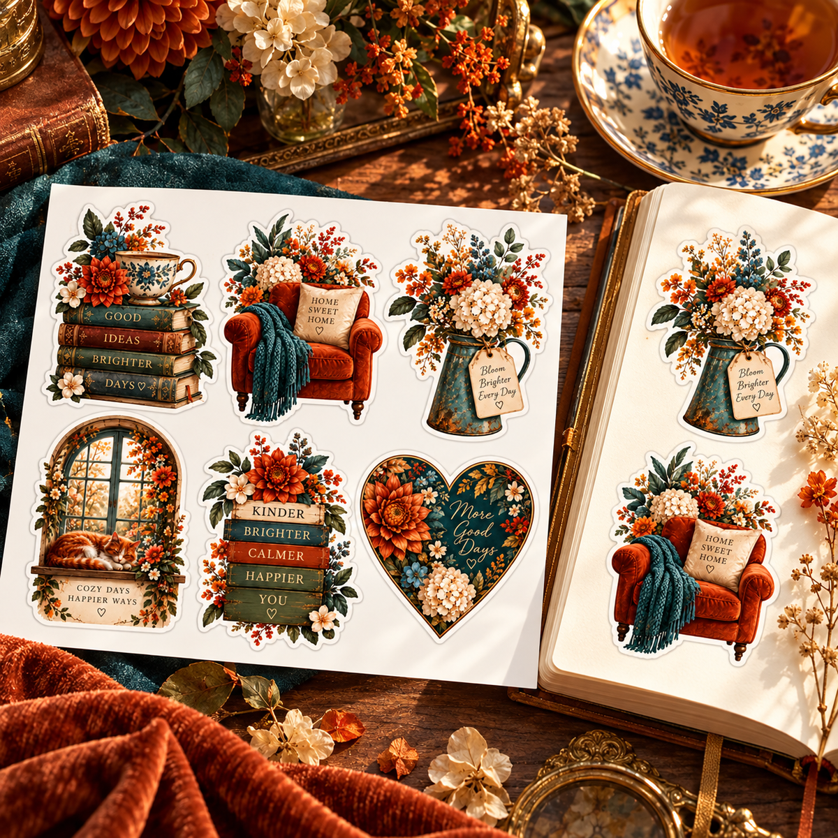 Velvet Garden sticker sheet beside a decorated journal