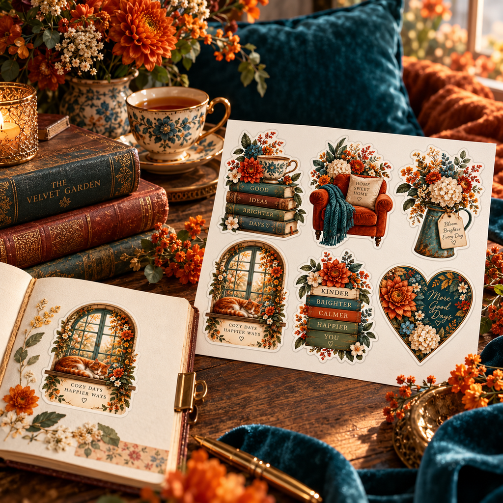 Velvet Garden sticker sheet in a cosy tea and books reading scene