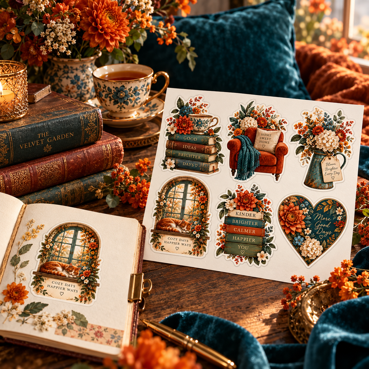 Velvet Garden sticker sheet in a cosy tea and books reading scene
