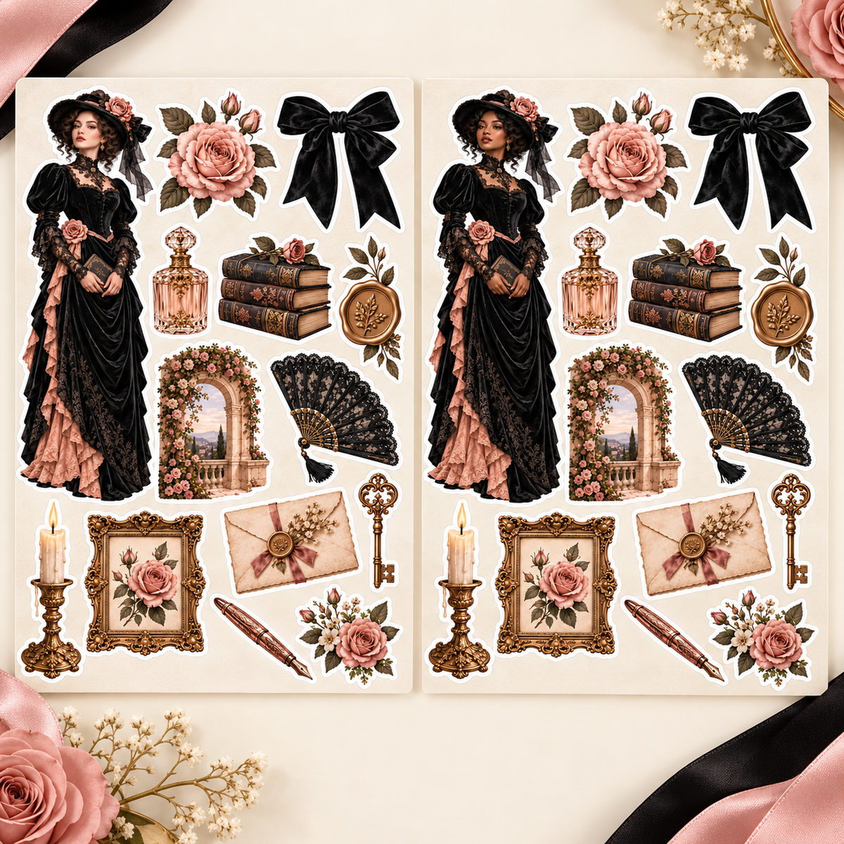 Front-facing close-up of the Porcelain Rose and Melanin Rose sticker sheet designs
