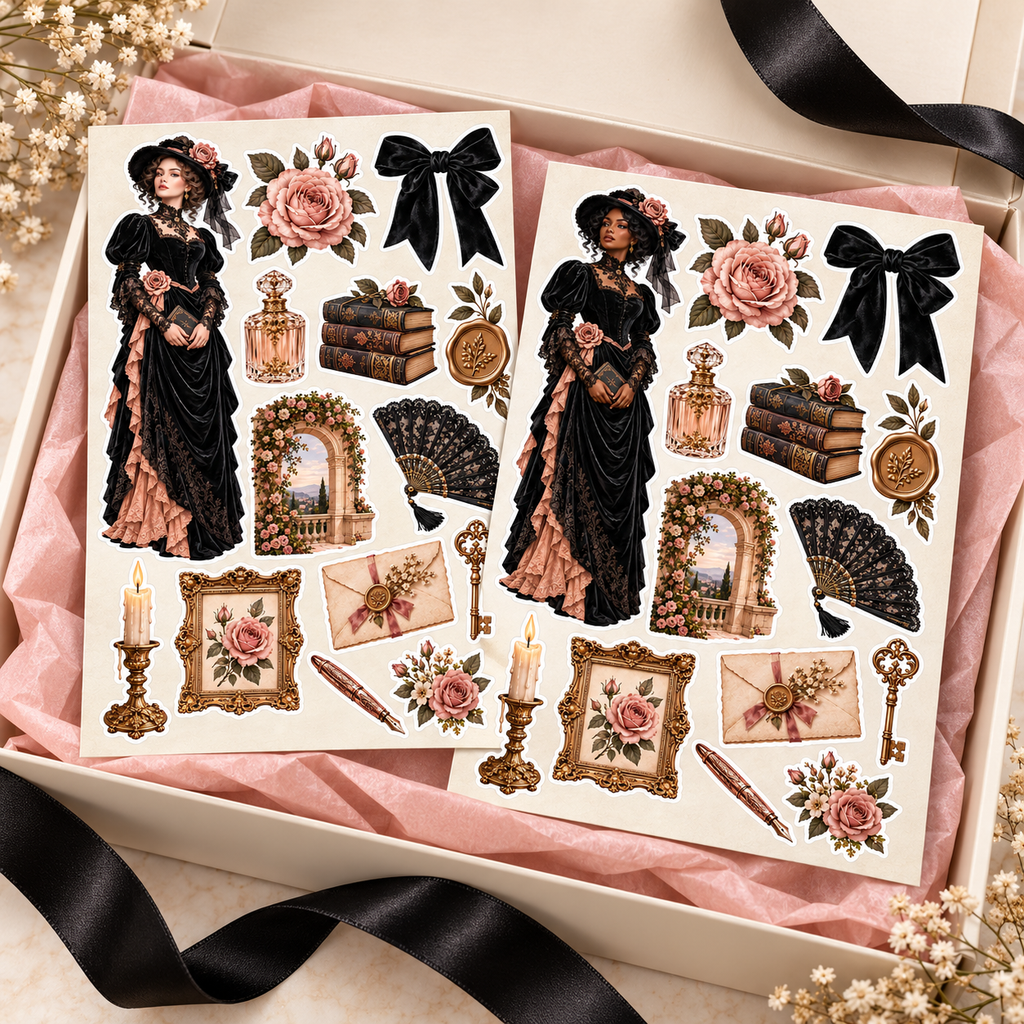 Two Victorian rose sticker sheets presented in blush tissue inside a cream gift box