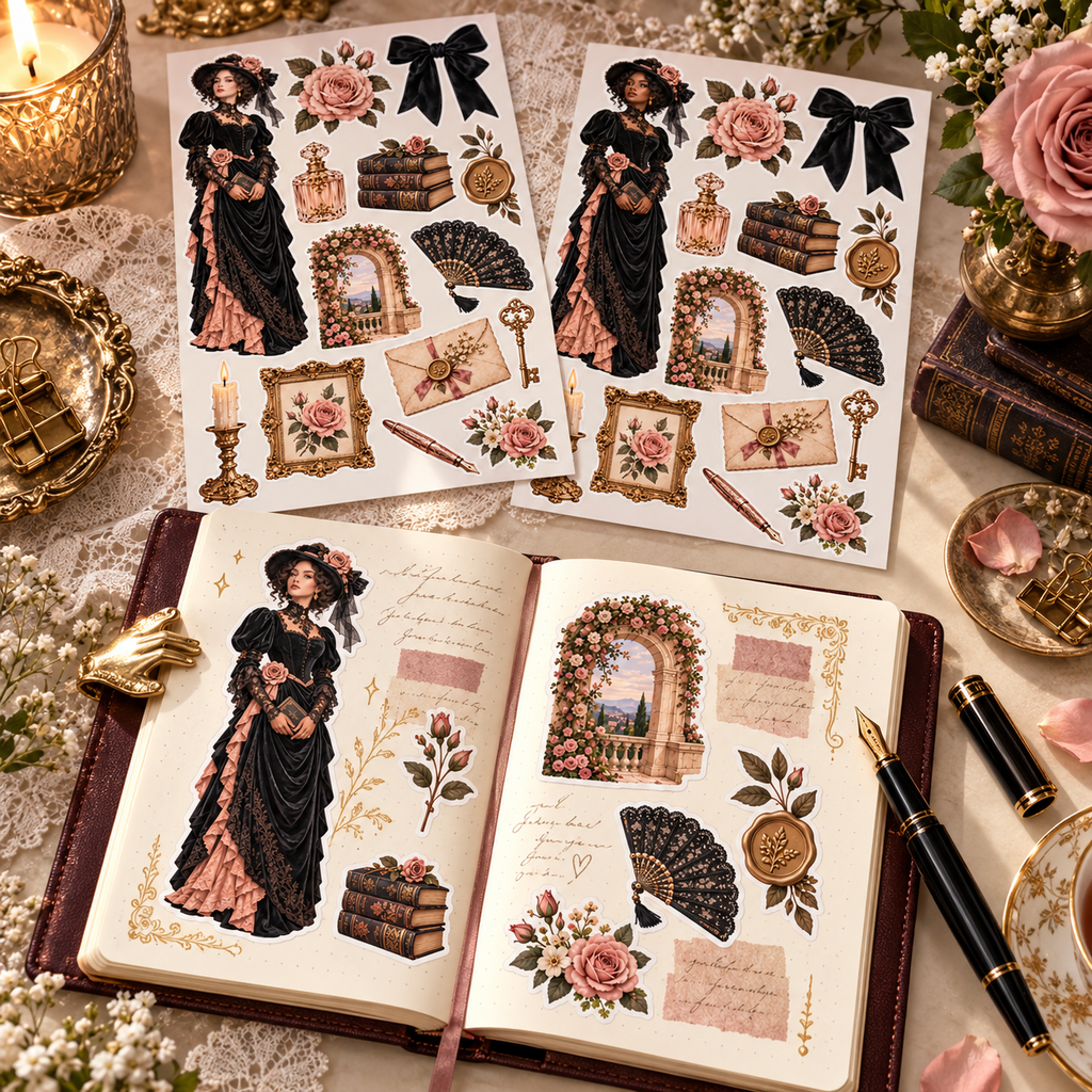 Victorian rose stickers decorating an elegant cream journal beside both sticker sheets