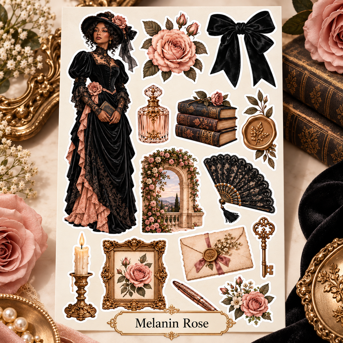 Melanin Rose Victorian sticker sheet with labelled design name