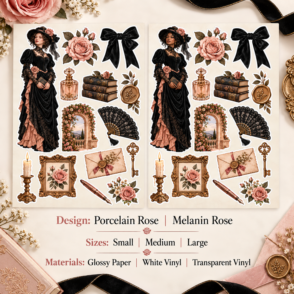 Victorian Rose Romance sticker set options showing two designs, three sizes and three materials