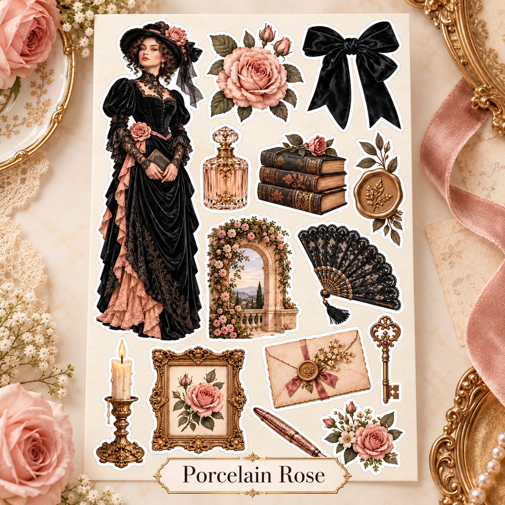 Porcelain Rose Victorian sticker sheet with labelled design name