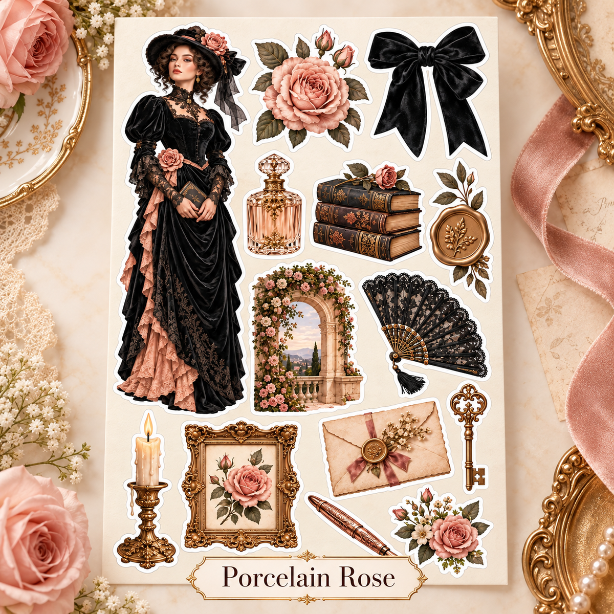 Porcelain Rose Victorian sticker sheet with labelled design name