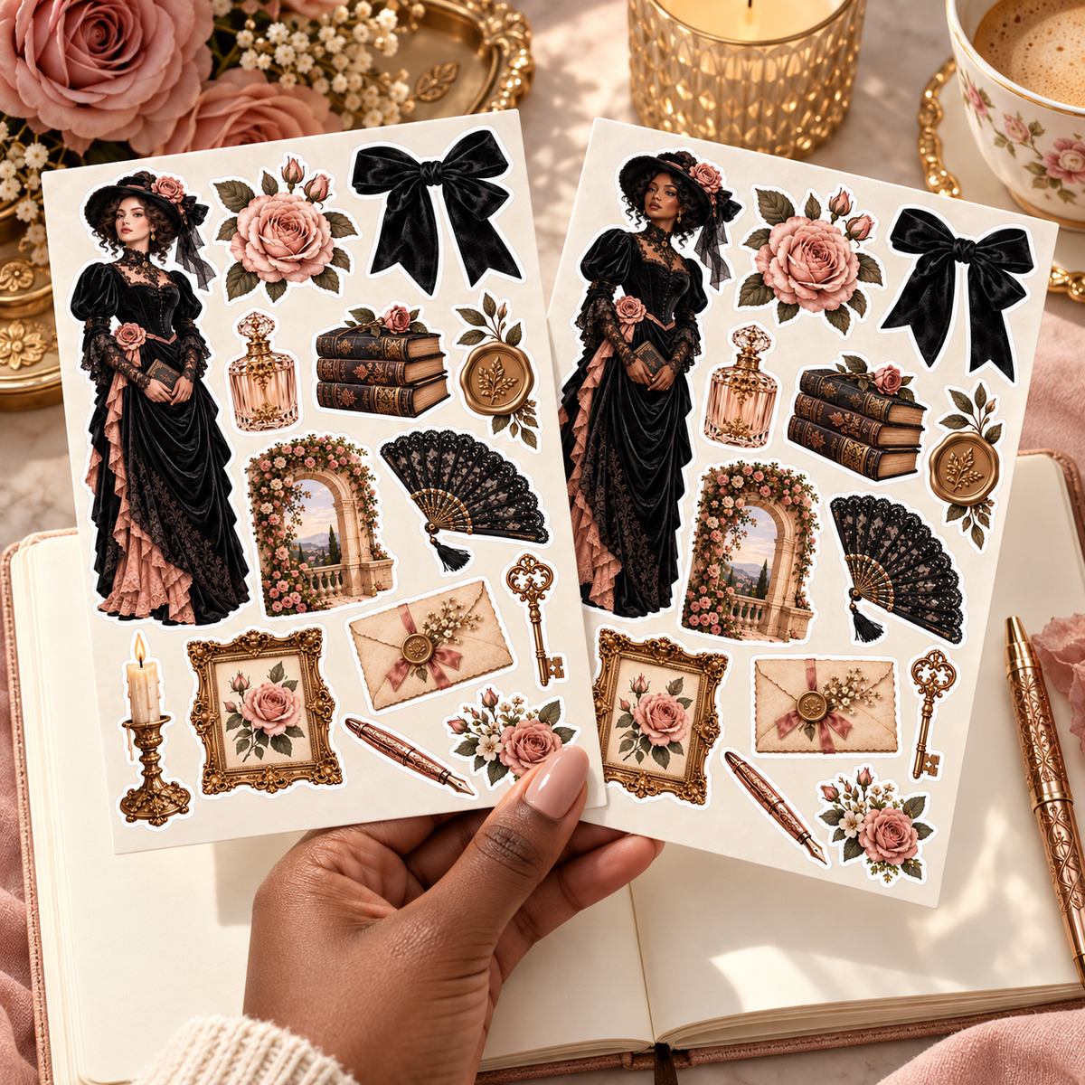 Two Victorian rose sticker sheets held above an open journal for scale