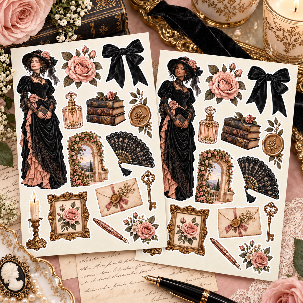 Porcelain Rose and Melanin Rose Victorian sticker sheets in an elegant blush and gold stationery scene
