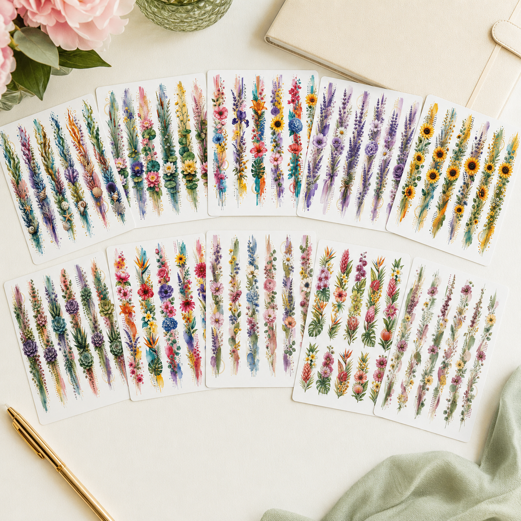 Ten watercolour floral border sticker sheet design options arranged on a stationery desk